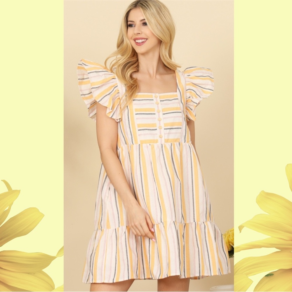 Radiant stripe & ruffle cap sleeve mini dress